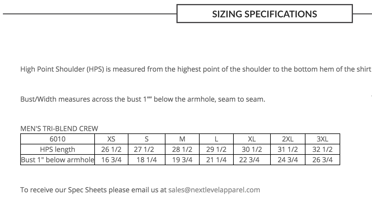Sizing chart for Texas Cactus T-Shirt from Texas Provisions Co.